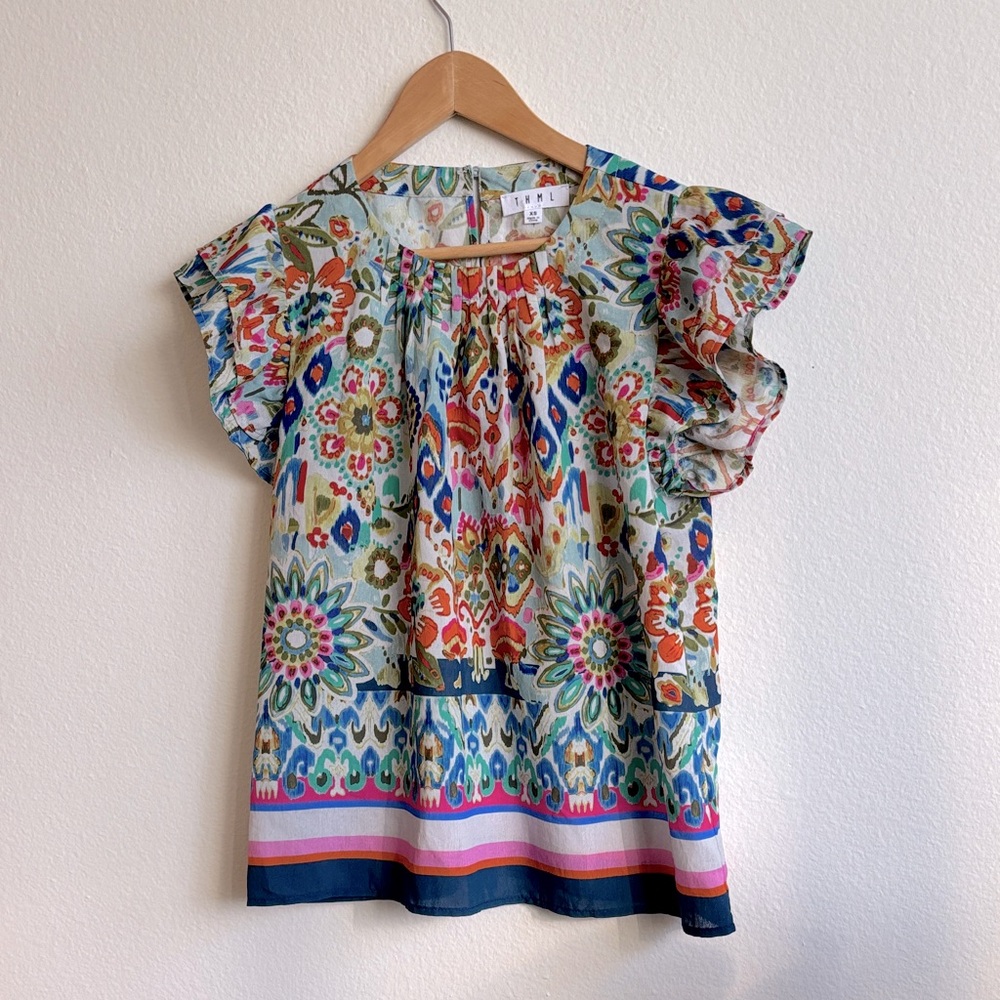 THML Colorful Floral Puff Ruffle Sleeve Blouse Size XS